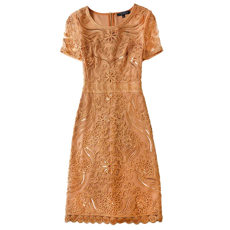 

Women Sexy Rib-Knit openwork Bodycon Knee Length 2019 Summer New Style Embroidered shou yao hua Package Hip Short Sleeve round