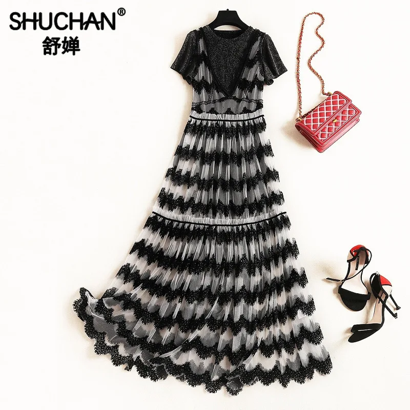 

Shuchan Fashionable Sets for Women Summer Suit Female Women Clothing Set for Summer Dress+long Mesh Dress Leisure Suits 51581