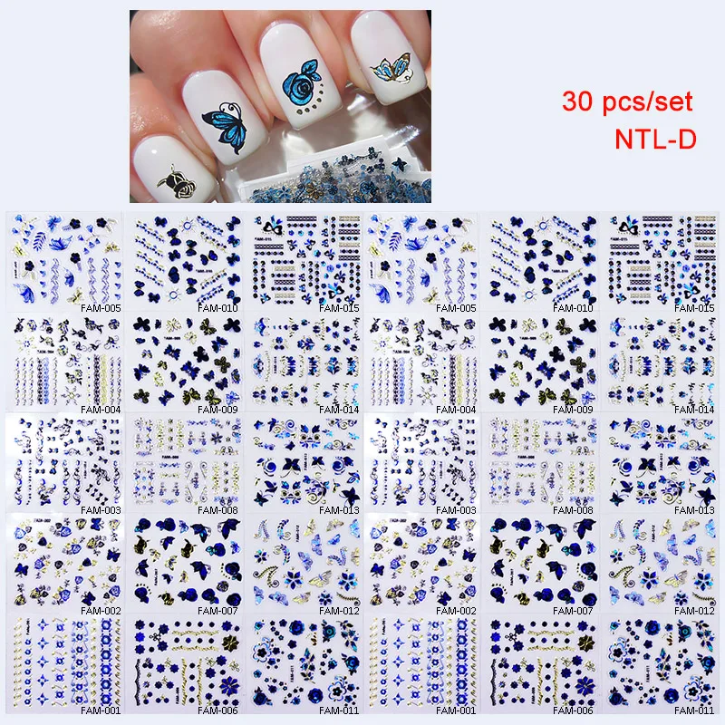 

MAFANAILS 30Pcs/Set Nail Art Sticker Sets 3D Mixed Color Blue/Gold Nail Stickers For Decals DIY Women/Girls Nails Art Decoration