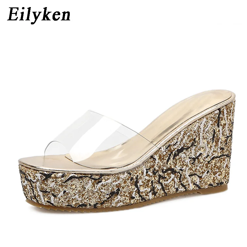 

Eilyken New Arrival PVC transparen Women Slippers Gold silver Bling Fashion Platform heel Slip on Open toe Wedges Slippers
