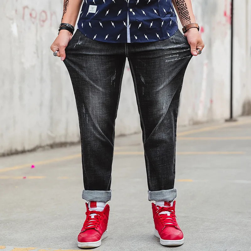 Discount Men's Stretch Straight Regular Pant Scratched Embroidery Black Jean Big Trousers Plus Size 30-46 Man Casual Fashion Fit Jeans