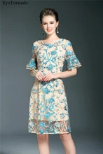 Diseñador de Moda 2017 de Las Mujeres Del Verano Marca Bordado de La Flor Corta Partido Bodycon Vestido de Malla Sexy Ver A Través de Trabajo Más El tamaño 9384