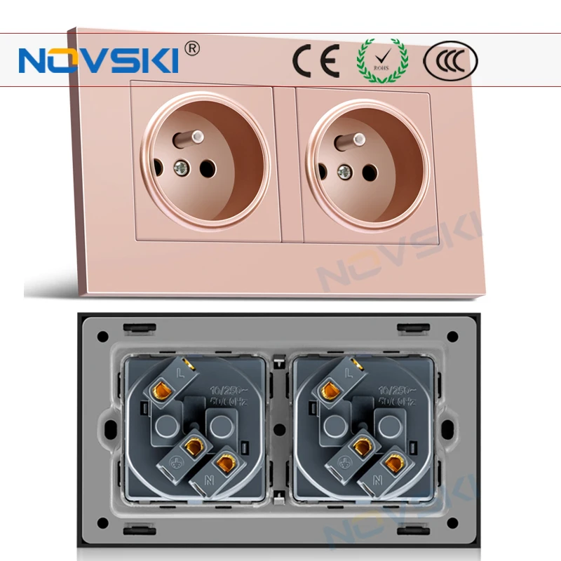 

NOVSKI EU 16A French Electrical Double Wall Switch Socket Flame Retardant PC Panel AC110-250V Power Socket CE RoHS CCC certified