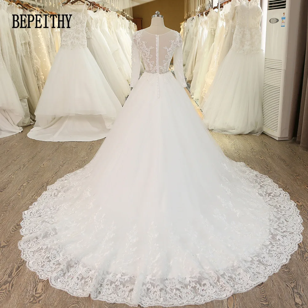 BEPEITHY настоящая фотография Robe De Mariage бальное платье c аппликациями кружева хрустальный пояс длинный рукав свадебное платье Vestido De Novia