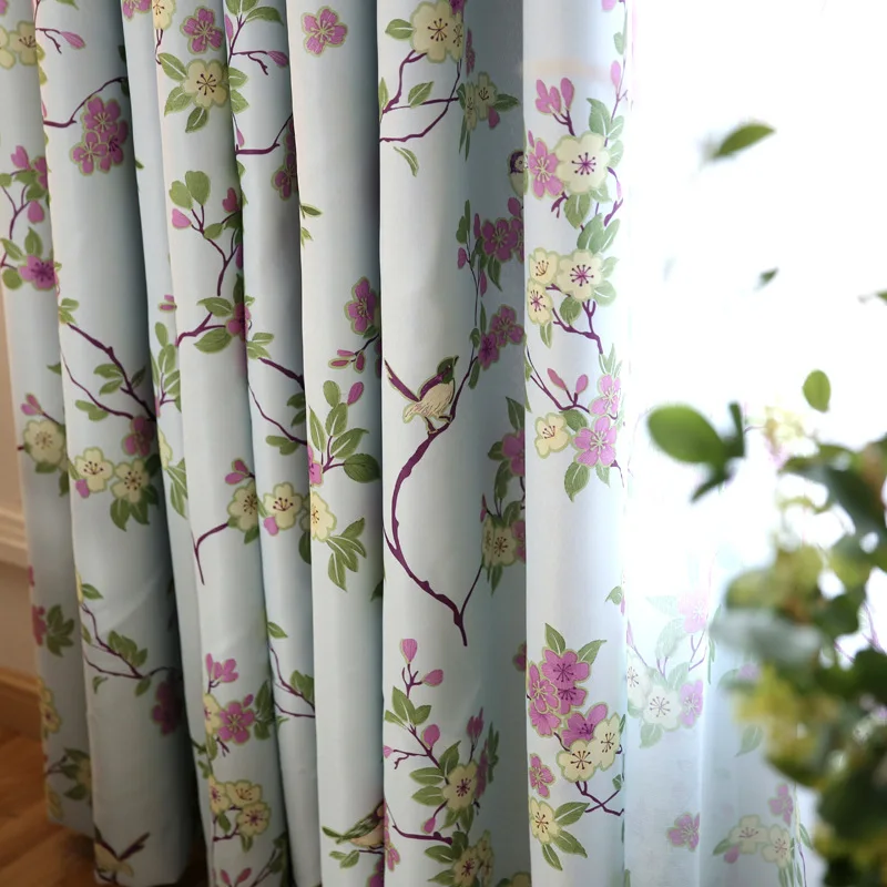 Цветы и птицы напечатаны готовые синие занавески ткань тюль для гостиной затемненные бежевые занавески шторы для Bedoom WP183 и 3