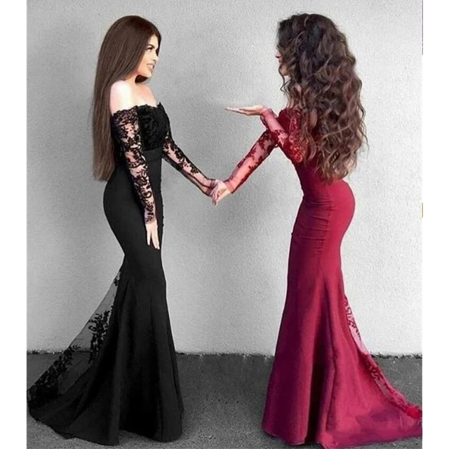 2019 Long Sleeve Black Wedding Guest Dress Boat Neck Mermaid Lace Elastic Satin Burgundy Bridesmaid Dresses Cheap Custom Made Bridesmaid Dresses Aliexpress