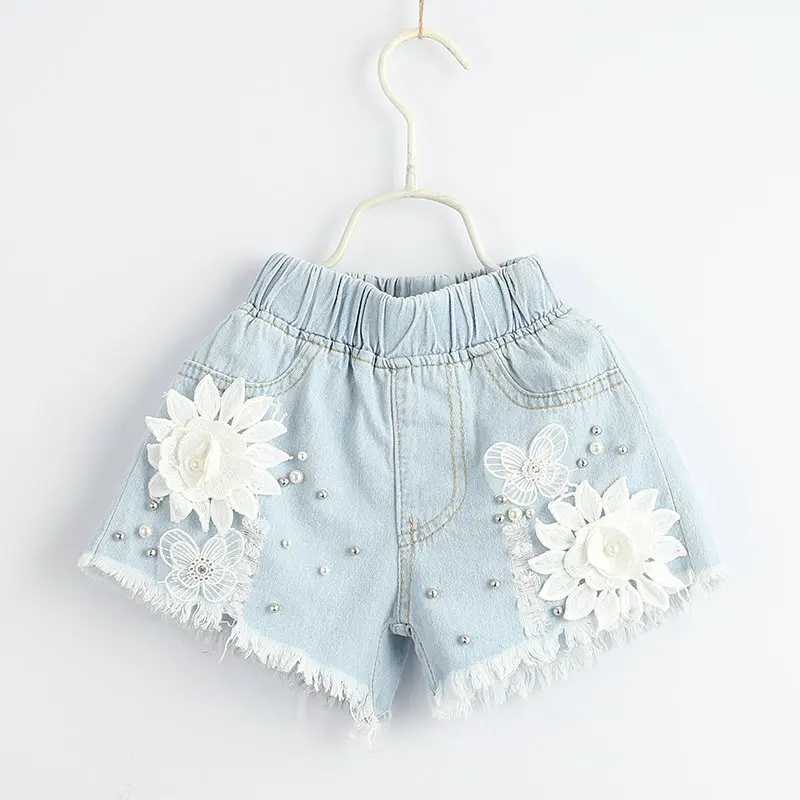 

Roimyal Wholesale 2019 summer new lace appliqué beaded embellished plush girls cotton light denim shorts free shipping
