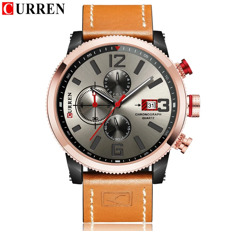 Brand New Fashion Quartz Men's Watch Chronograph Dial and Date Window Casual Business Wristwatch CURREN Leather Clock For Man - Цвет: orange black gray