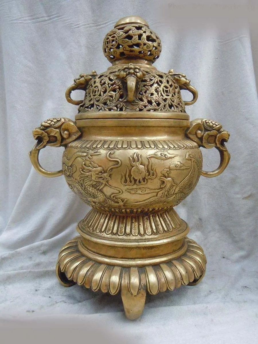 

13" China brass carved dragon phoenix Three-legged censer Incense Burner statue (D0426)