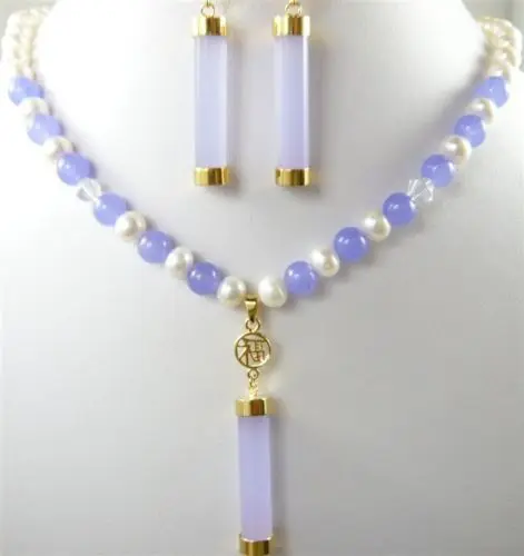 

Hot sell Noble- hot sell new - charm green/purple jade-white pearl necklace +jade pendant earring set NEW