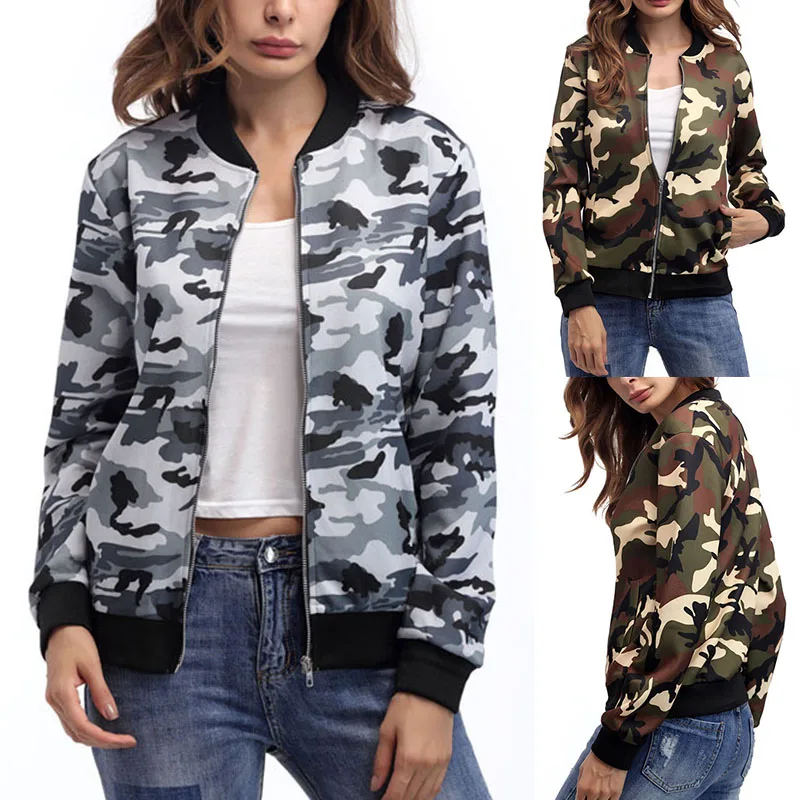 Womens Lady Long Sleeve Biker Camouflage Army Printed Bomber Jacket Coat Outwear | Женская одежда