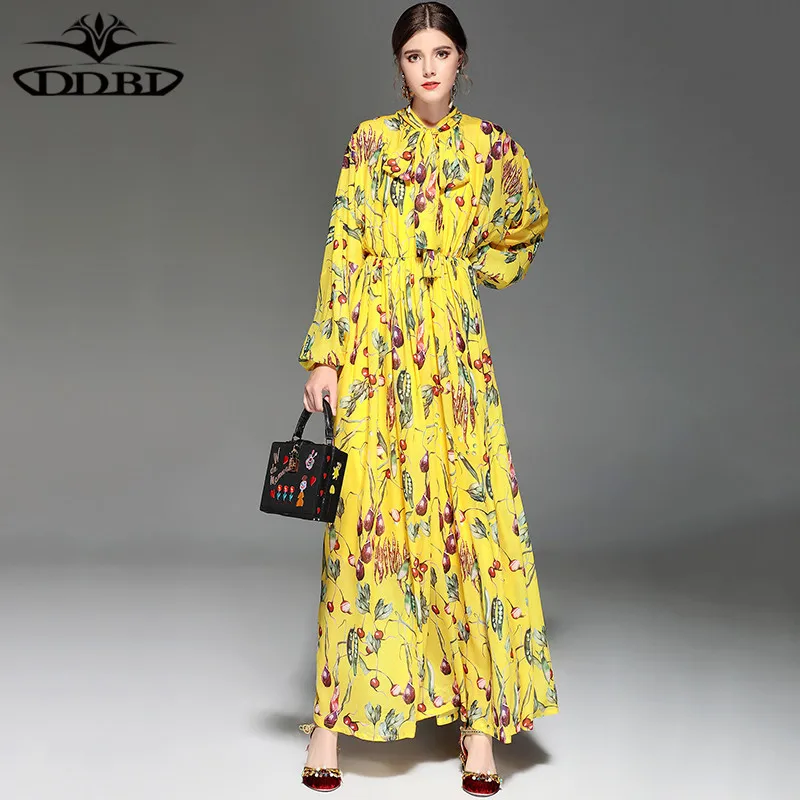 flowers print yellow dress floor length long dress 2018 women