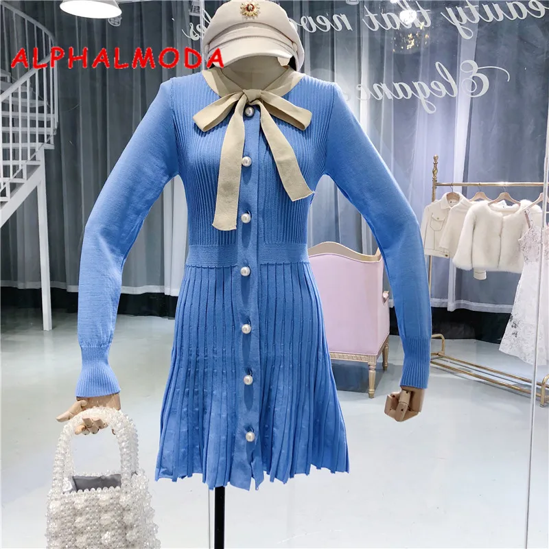 ALPHALMODA кампус короткое трикотажное платье 2018 осеннее с бантом и жемчужными