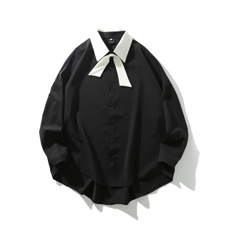 Модная дизайнерская Корейская одежда, осенняя мужская простая черно-белая рубашка с галстуком-бабочкой и длинными рукавами, уличная Мужская Повседневная рубашка большого размера