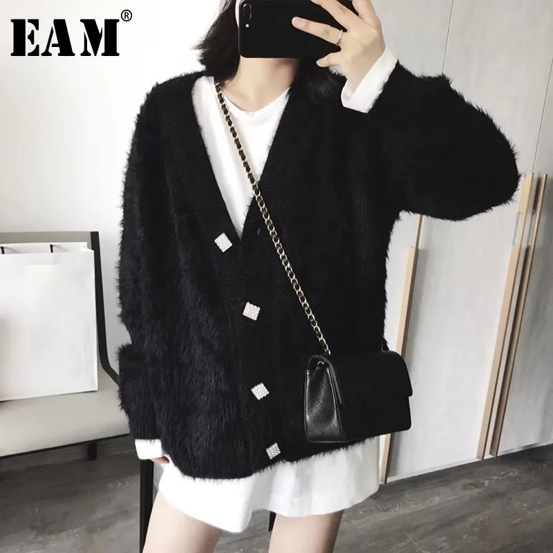 [EAM] 2019 новый весна зима v-образный вырез с длинным рукавом Кнопка свободный большой размер вязаный свитер женский Болеро мода прилив JK970