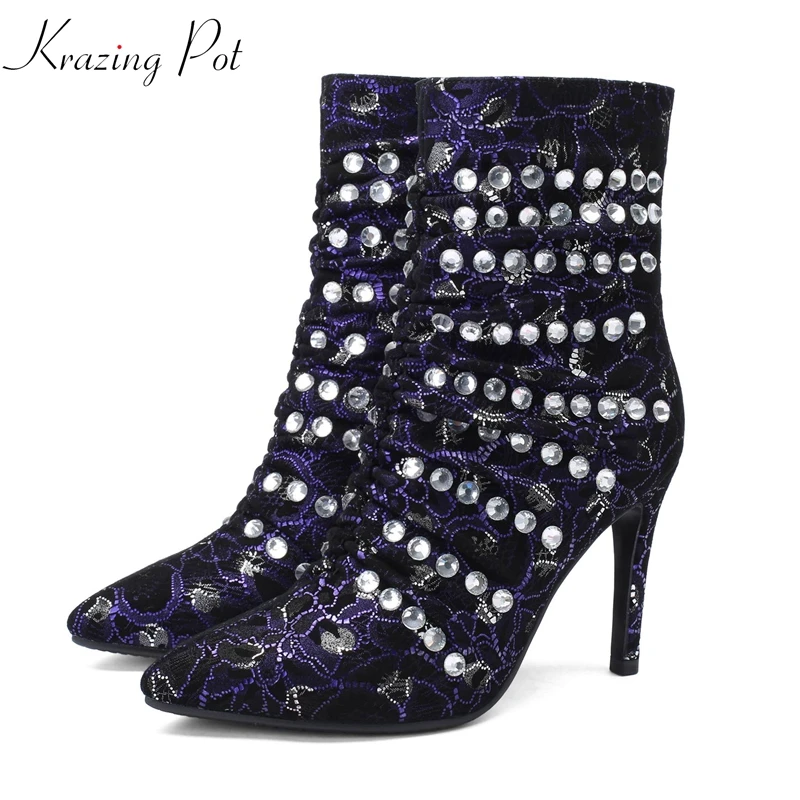 

Krazing Pot kid suede pointed toe party crystal-studded model runway show luxury banquet nightclub sexy Winter ankle boots L63