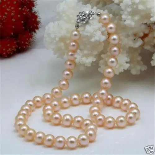 

New Beautiful! 8-9mm Pink Real Natural Pearl Necklace 18" ^^^@^Noble style Natural Fine jewe FREE SHIPPING