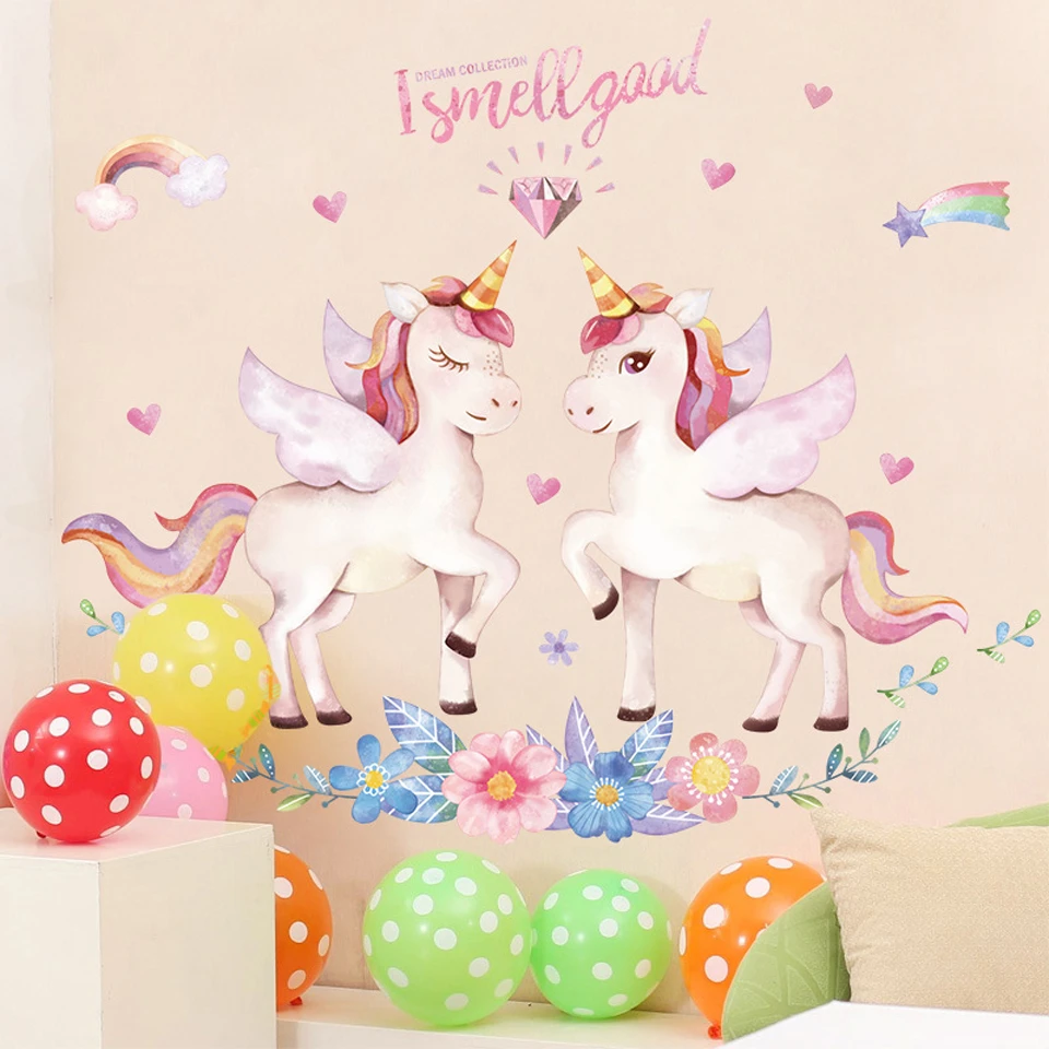 Creative Unicorn Flower Wall Stickers for Kids Room Girls Baby Bedroom Nursery Cartoon Stickers for Wall Mural Decals