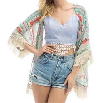 

Women Ladies Summer New Boho Hippie Tassels Shawl Top Floral Kimono Loose Blouse Cape Cardigan Tassel Print Long Sleeve Shirt