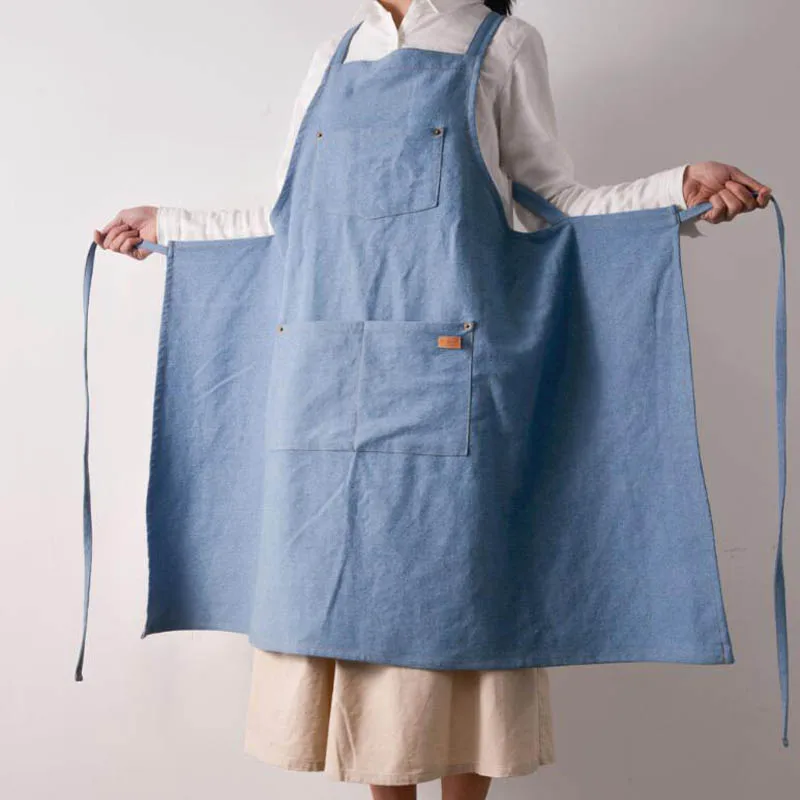light blue Модный джинсовый фартук из хлопка для женщин и мужчин, Кухонные фартуки для приготовления пищи, выпечки, ресторана, парикмахерской, регулируемой формы - Цвет: light blue