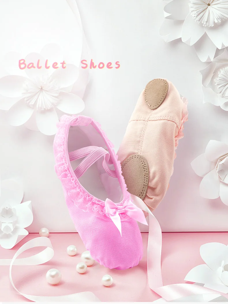 Girls Soft Canvas Ballet Slippers Lace Ballet Dance Shoes Pink For Kids