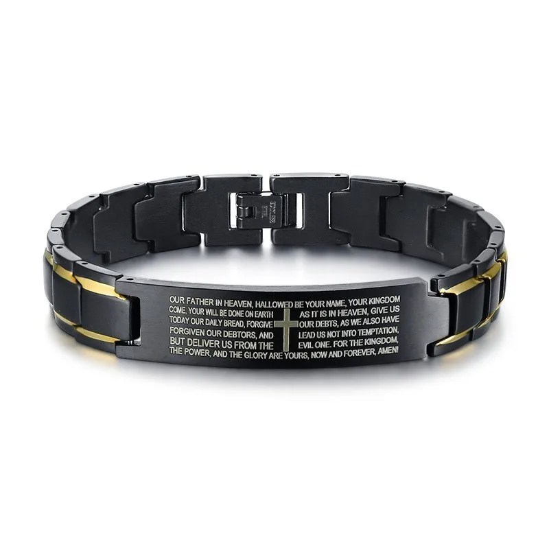 

Bible Lords Prayer With Cross Men's Black Stainless Steel Bracelet My Father Inspirational Quote Christian Jewerly