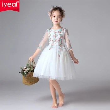 

IYEAL Kids Birthday Princess Party Dress for Girls Lace Sleeve Children Bridesmaid Elegant Dress for Children Girls Clothes