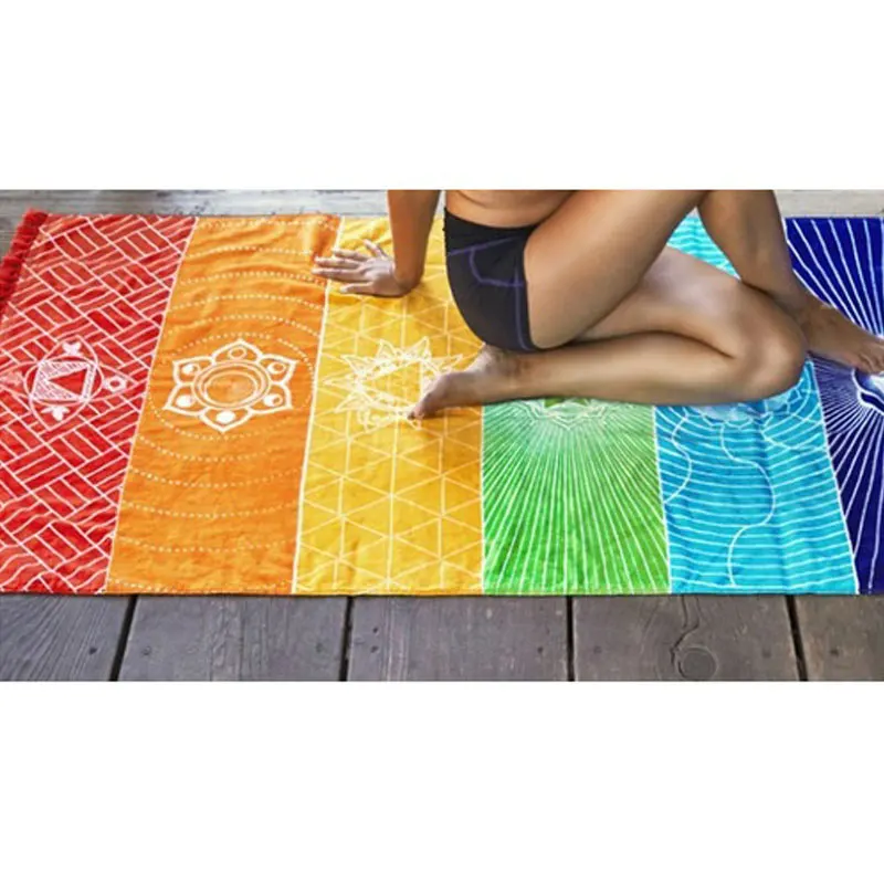 Шарф в радужную полоску в богемном стиле, настенный Индийский Мандала, одеяло, 7 чакр, цветной гобелен, летнее пляжное полотенце в стиле бохо, коврик для йоги