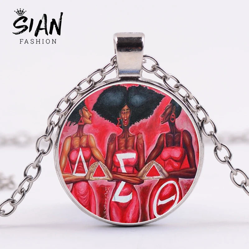 

SIAN High Quality Delta Sigma Theta Necklace Greece Letters DTS Sorority Organization Symbol Glass Round Pendant Necklace Women