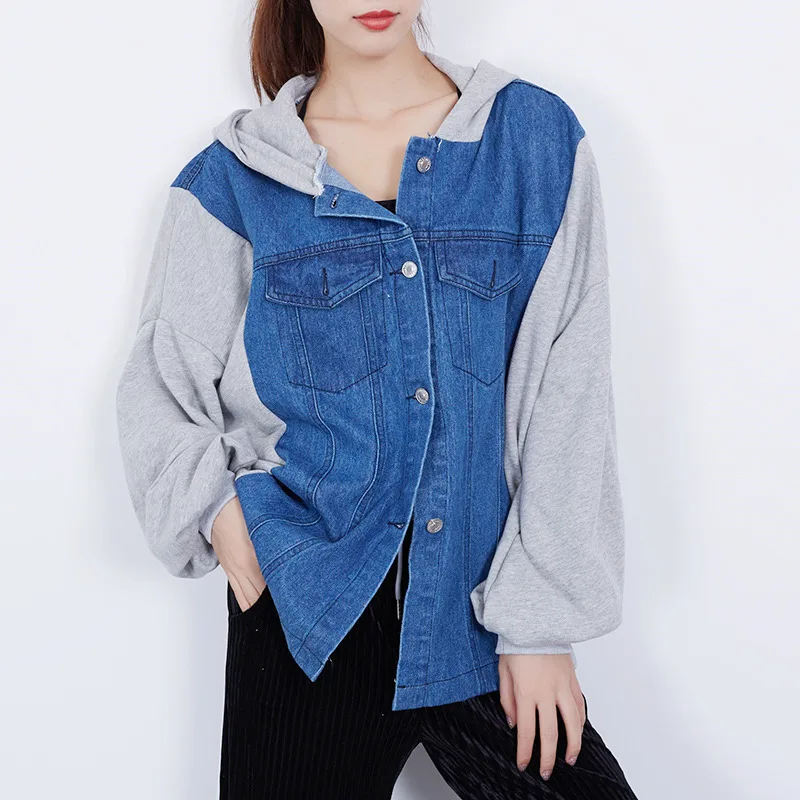 Женский Демисезонный джинсовая куртка Повседневное с длинными рукавами пальто с капюшоном Для женщин Модный Пэчворк Пальто Плюс Размеры Свободная верхняя одежда Z167