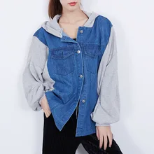 Женский Демисезонный джинсовая куртка Повседневное с длинными рукавами пальто с капюшоном Для женщин Модный Пэчворк Пальто Плюс Размеры Свободная верхняя одежда Z167