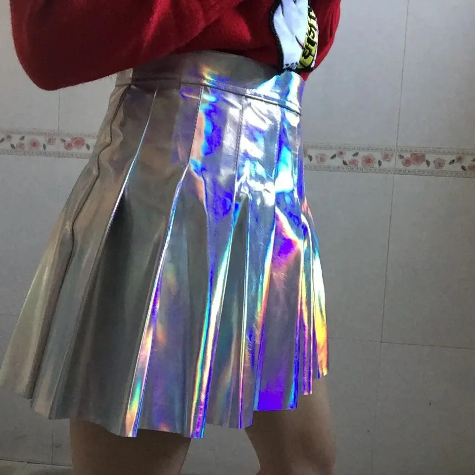 

PU Leather Laser Hologram Silver Gothic Punk Streetwear Hip Hop Tutu Saia Harajuku High Waist Pleated Skirt Korean Harajuku 90s