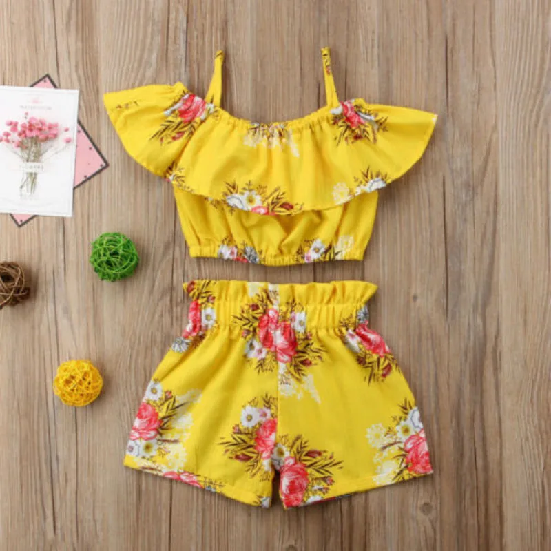 

New Fashion Toddler Kid Baby Girl Set Clothes Floral Ruffles Off Shoulder Tank Tops+short Pants 2pcs Set Clothes