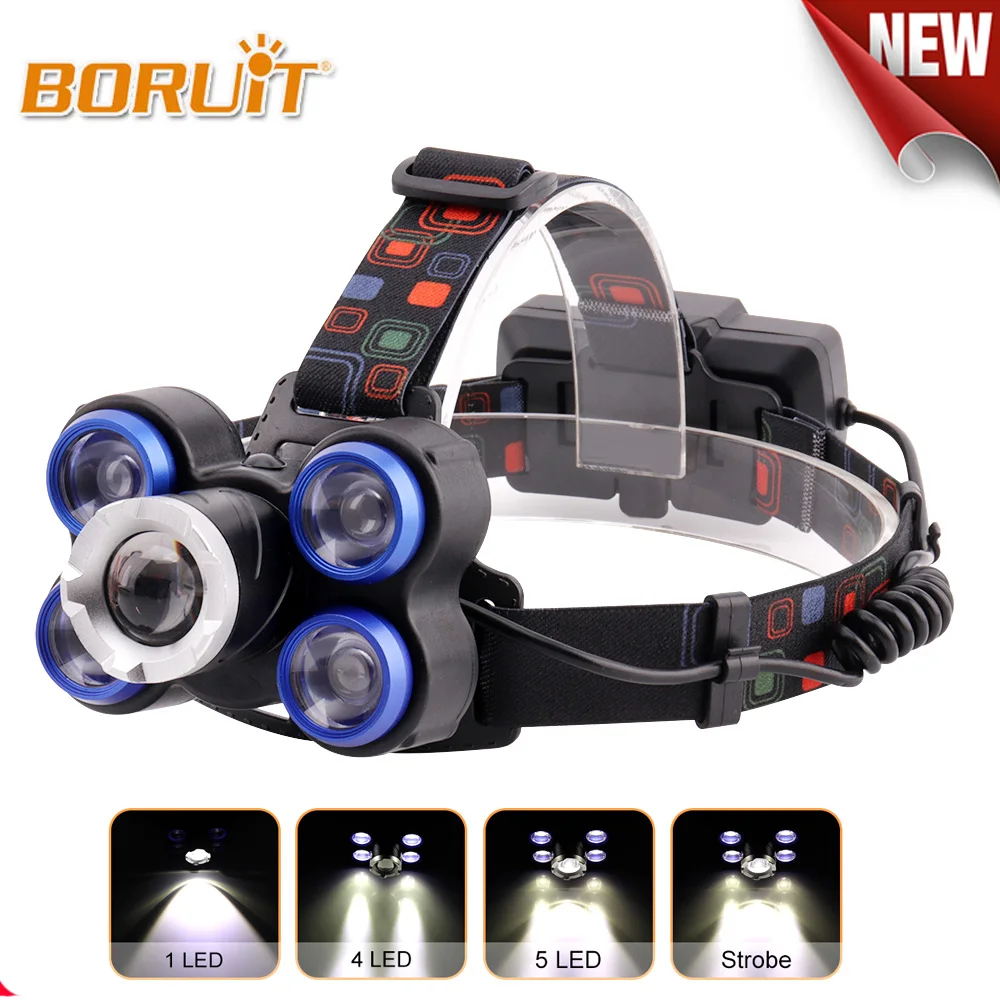 

BORUIT 8000LM T6 LED Headlight 4-Mode Zoom COB LED Headlamp Rechargeable Frontal Head Torch Camping Flashlight Use 18650 Battery
