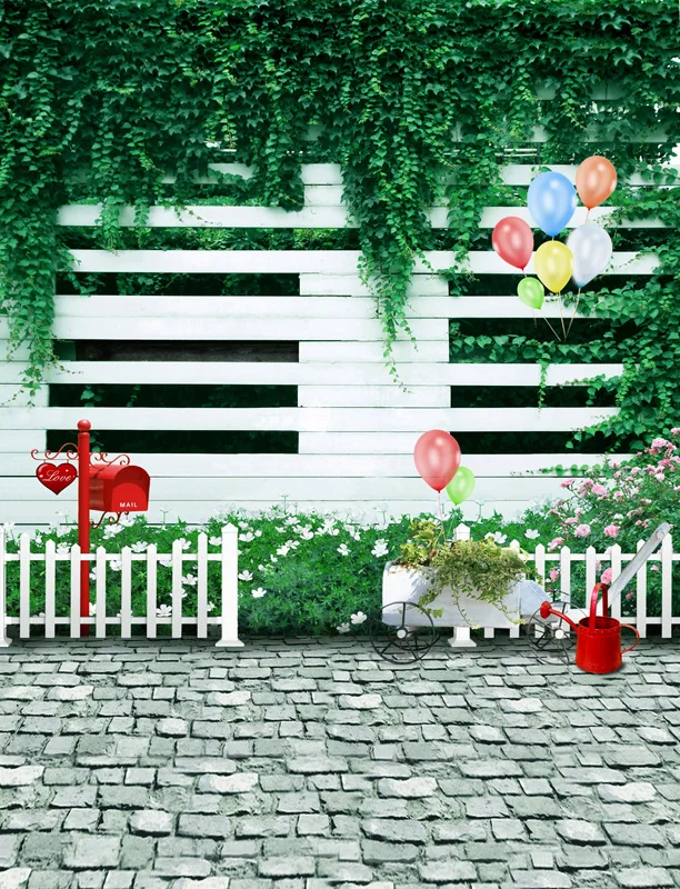 5x7FT Green Vine Branch White Fence Garden Balloons Flowers Bed Custom Photo Studio Backdrop Background Vinyl 220cm X 150cm | Электроника