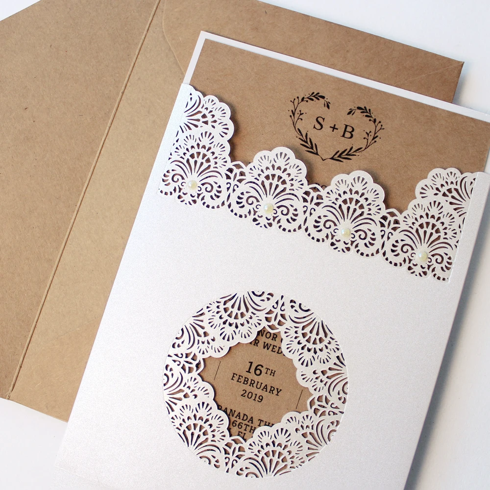  Rustic Wedding Invitations Customized Invitation Card Creative Wedding Invite With Pearl - Set of 5 - 33001243219