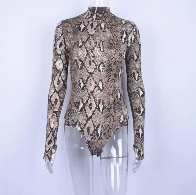 Sexy snakeskin grain long-sleeved jumpsuit women 2019 autumn and winter new slim one-piece trousers with high collar black bodysuit