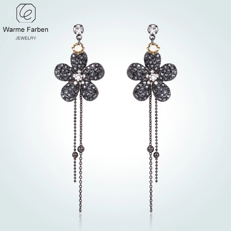 

WARME FARBEN Vintage Women Earrings Ear Fine Jewelry Elegant Flower Shape Black Crystal Inlaid Zircon Dangle Earrings for Party