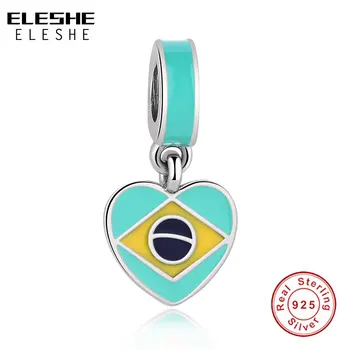 

ELESHE Clearance Sale 925 Sterling Silver Charm Green Enamel Brazilian flag Bead Fit Original Charm Bracelet DIY Jewelry Making