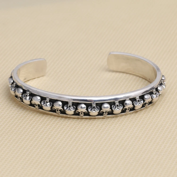

Gothic Thai Silver Skull Bangle Bracelet Men 100% Pure Sterling Silver Stylish Mens Jewelry Top Quality Male Skeleton Bangle