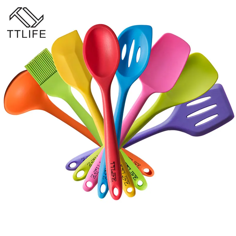 TTLIFE FDA approved 8pcs Silicone Cooking Tools Utensil Set Heat Resistant Silicon Kitchen Cooking Set