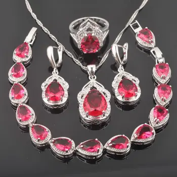 

Bridal Jewelry Silver Color For Women Jewelry Sets Red Zirconia Bracelet Necklace Earrings Ring Christmas Gift QS0305