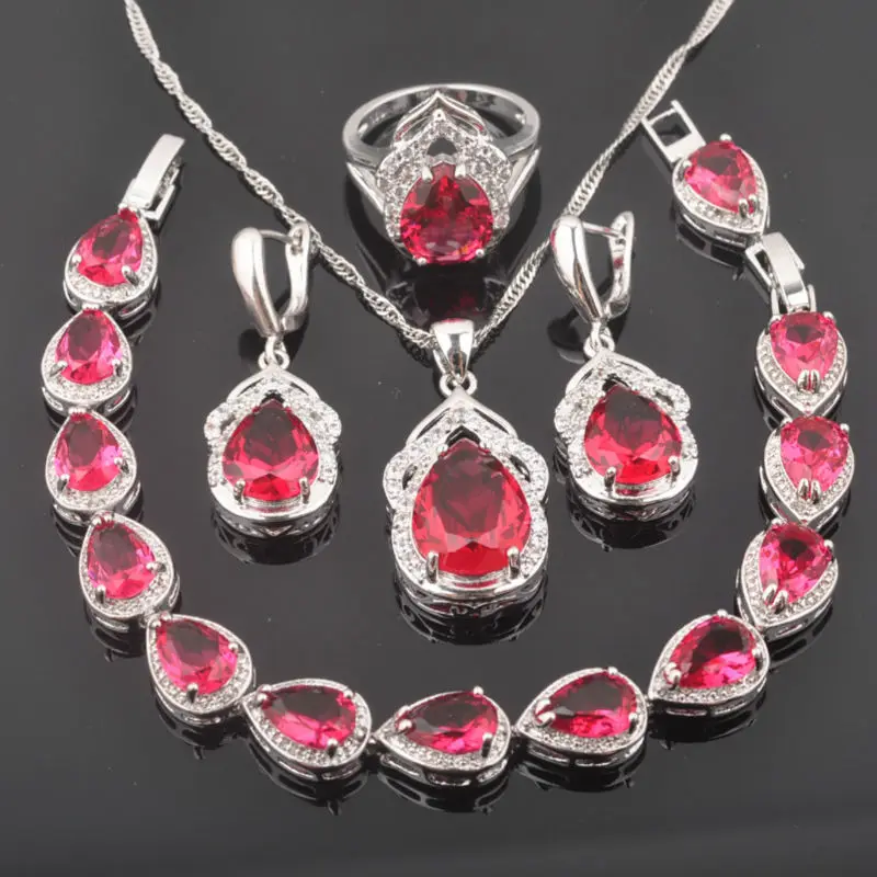 

FAHOYO Noble Red Zircon 925 Sterling Silver For Women Jewelry Sets Bracelet Necklace Pendant Earrings Ring QS0305