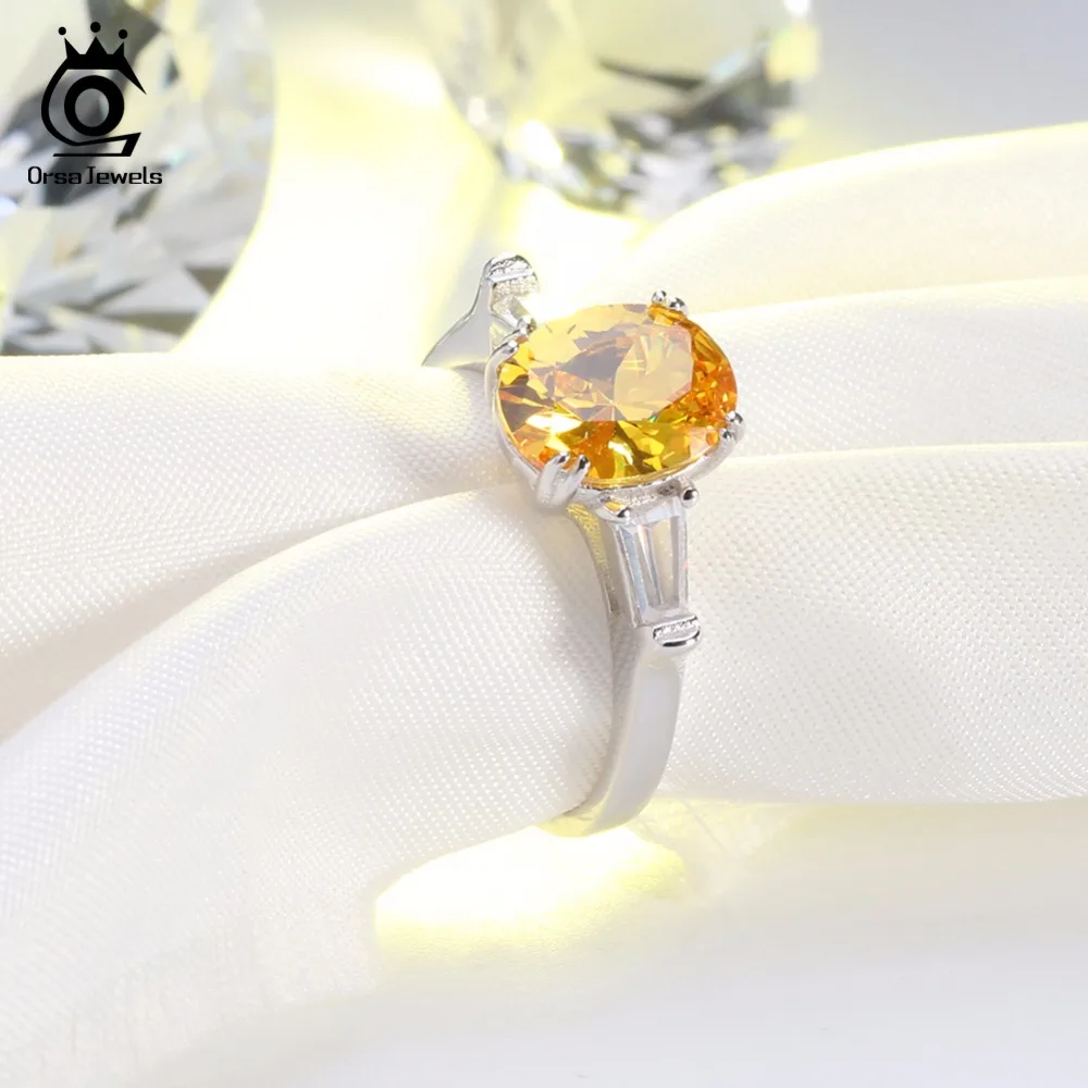 ORSA JEWELS Wedding Band For Women Prong Setting AAA Yellow Cubic Zircon Silver Color Ring Luxury Engagement Rings Jewelry AOR51