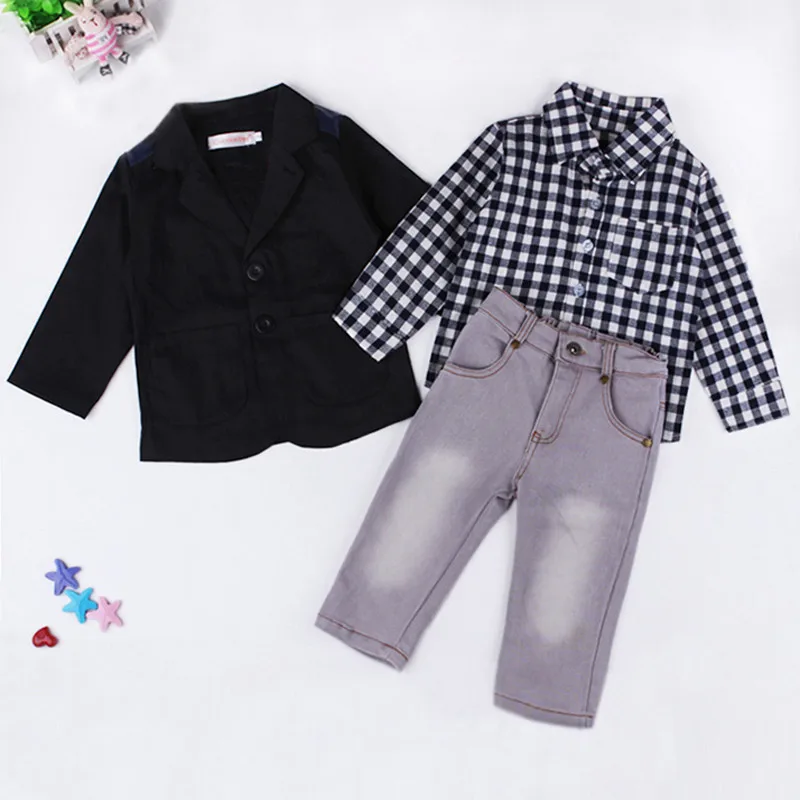 Стильный джентльменский клетчатый комплект одежды из 3 предметов для мальчиков, детская одежда, верхняя одежда+ рубашка+ джинсы, брюки, костюмы, весенне-осенняя одежда