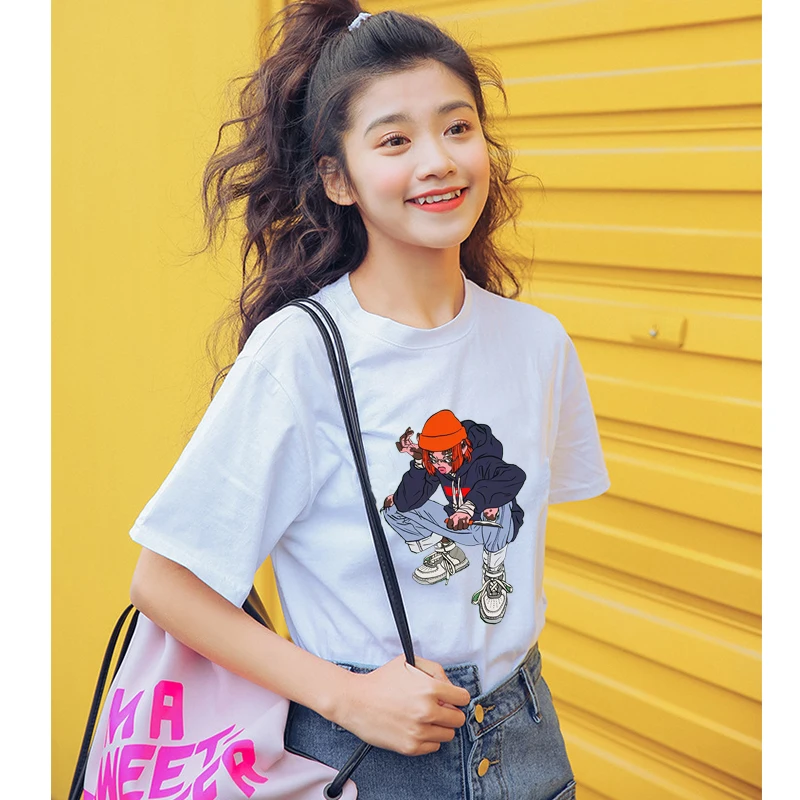 

2019 fashion short-sleeved round neck white cartoon cute trend funny funny print new casual women's T-shirt high quality