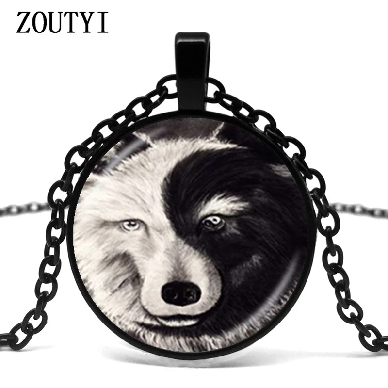 

2018/Retro Ying and Yang Wolf Necklace Gray Black Animal Pendant Glass Bullet Bronze Chain Necklace No Collar Female Accessories