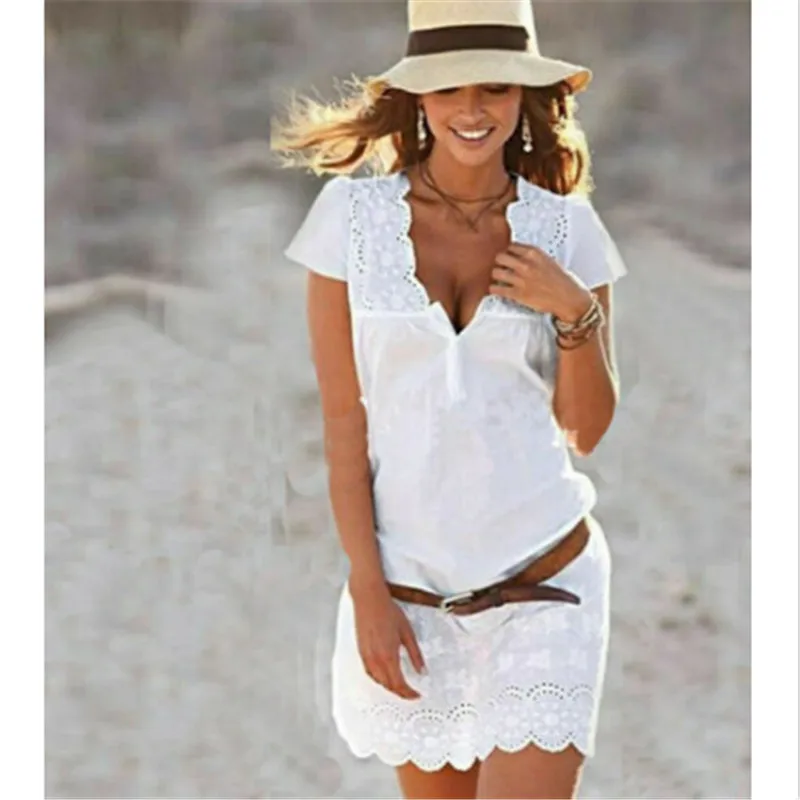

Elegant White Lace Summer Dress Women Embroidered Ruffle Frill Dress Women 2019 V Neck Short Sleeve Boycon Mini Dresses For Lady