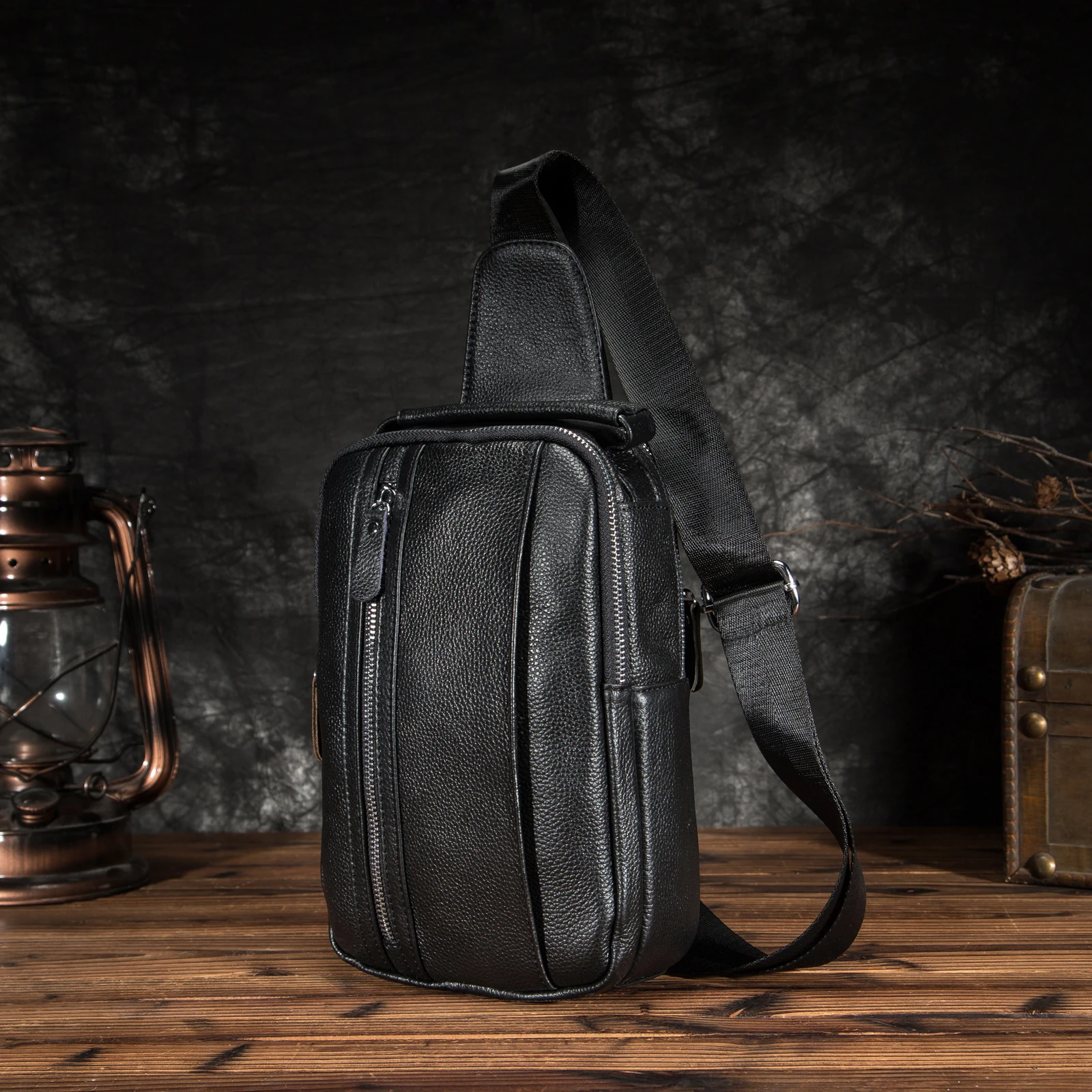 

Oil Wax Leather Men Casual Fashion Travel Triangle Chest Sling Bag Black Design 8" Tablet One Shoulder Bag Daypack Male 8693