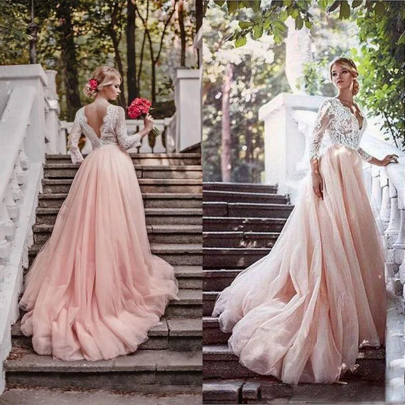 Newest Blush Pink Country Wedding Gowns With Sleeves Deep V Neck